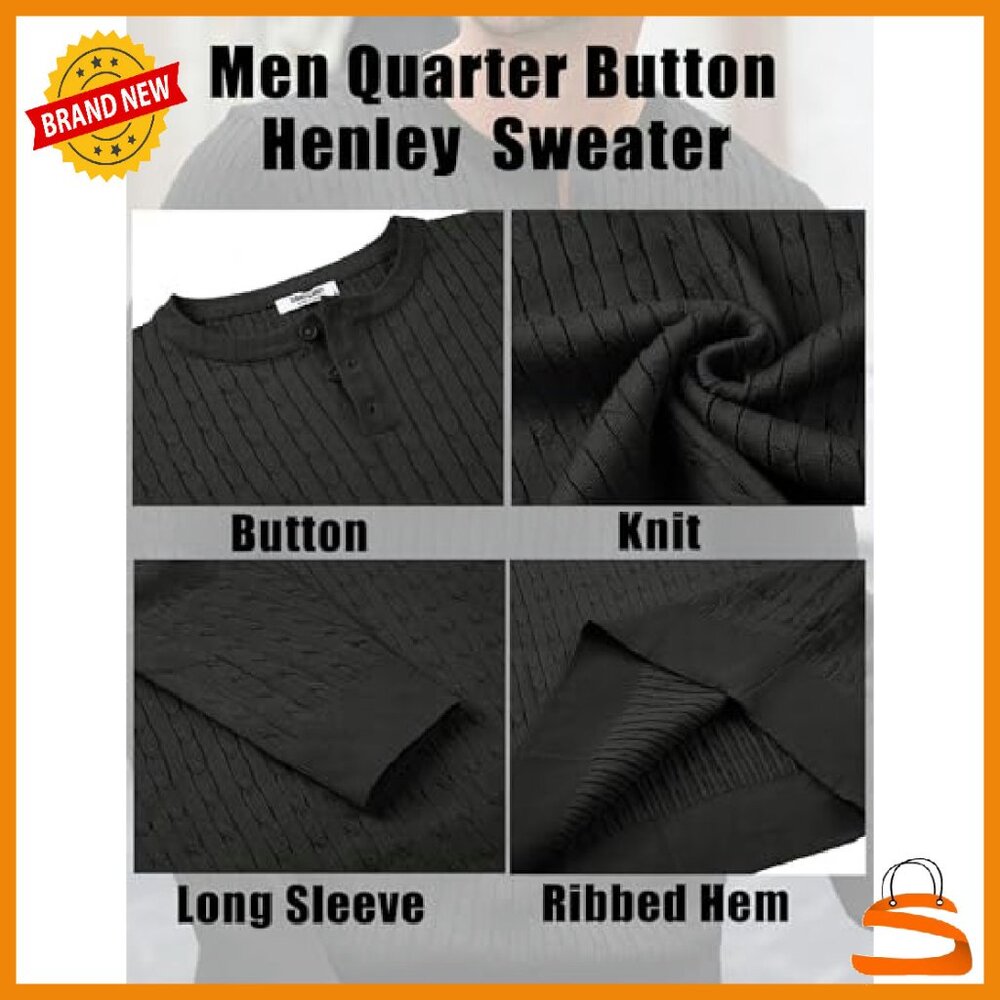 Men's Cable Knit Henley Sweater Long Sleeve Button Down Pullover - Picture 5 of 7